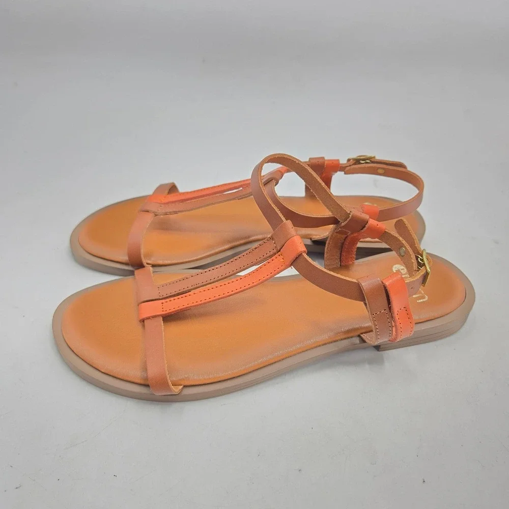 Eram Sandals women's 38‎ Brown Orange Leather T-Strap Made in Italy Buckle
